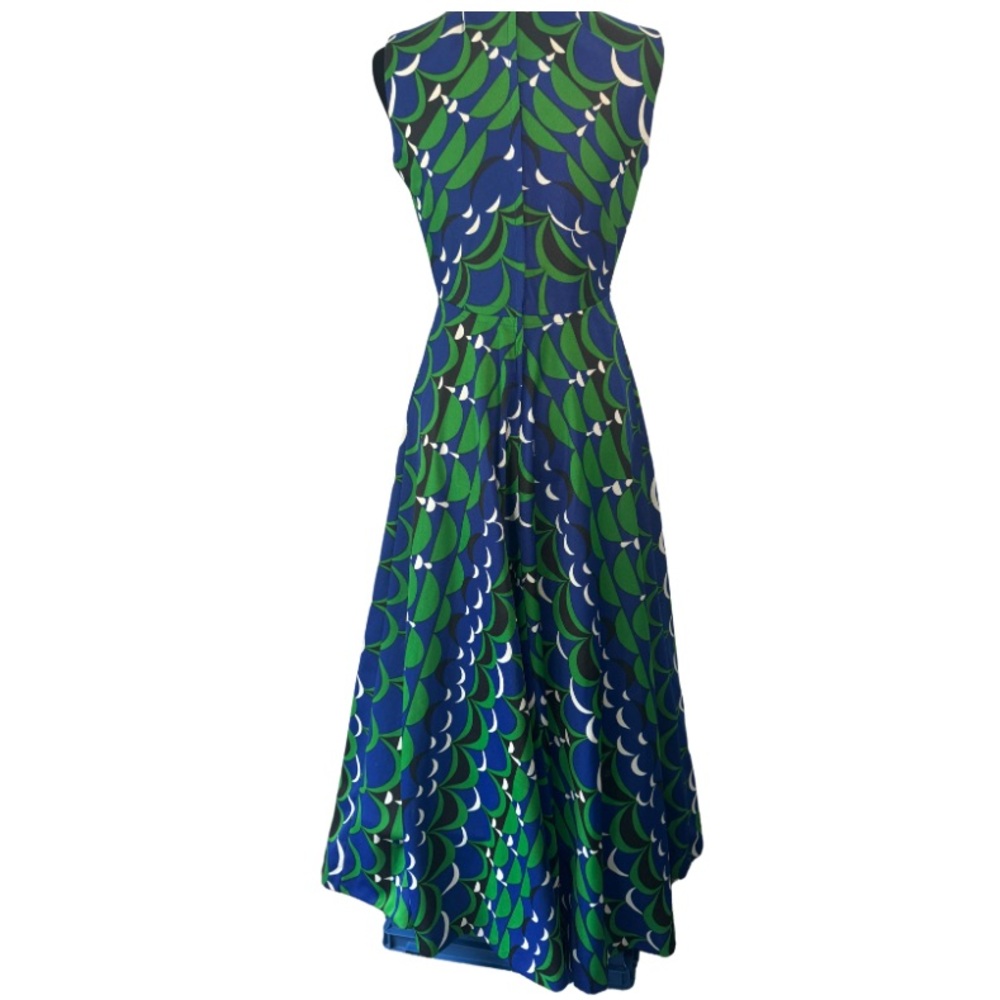 Vintage Lily Lynn Green Blue Geometric Mod Print Polyester Knit Dress XS/S